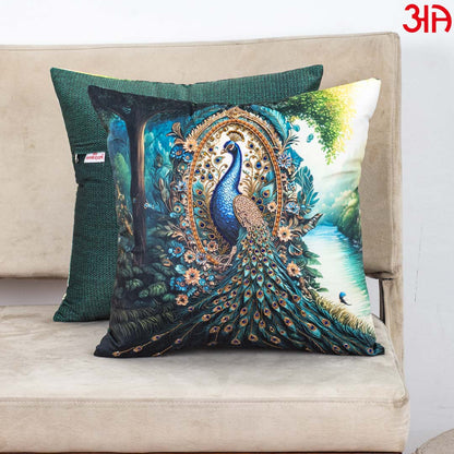 Green Peacock Printed Velvet Cushion Cover 16x16 Inch