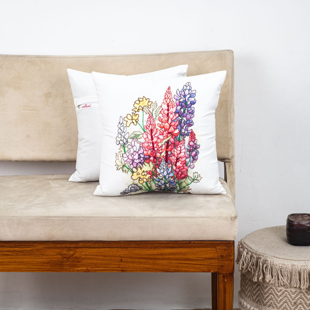 White Multi Floral Printed Velvet Cushion Cover 16x16 Inch