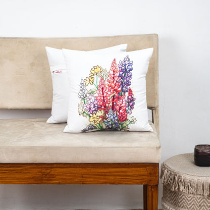 White Multi Floral Printed Velvet Cushion Cover 16x16 Inch