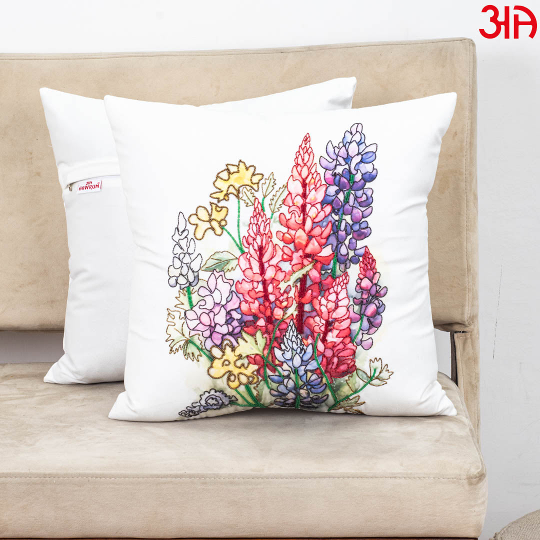 White Multi Floral Printed Velvet Cushion Cover 16x16 Inch