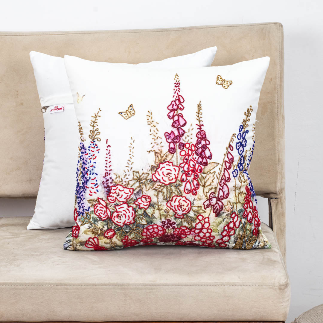 Multi Floral Butterfly Printed Velvet Cushion Cover 16x16 Inch