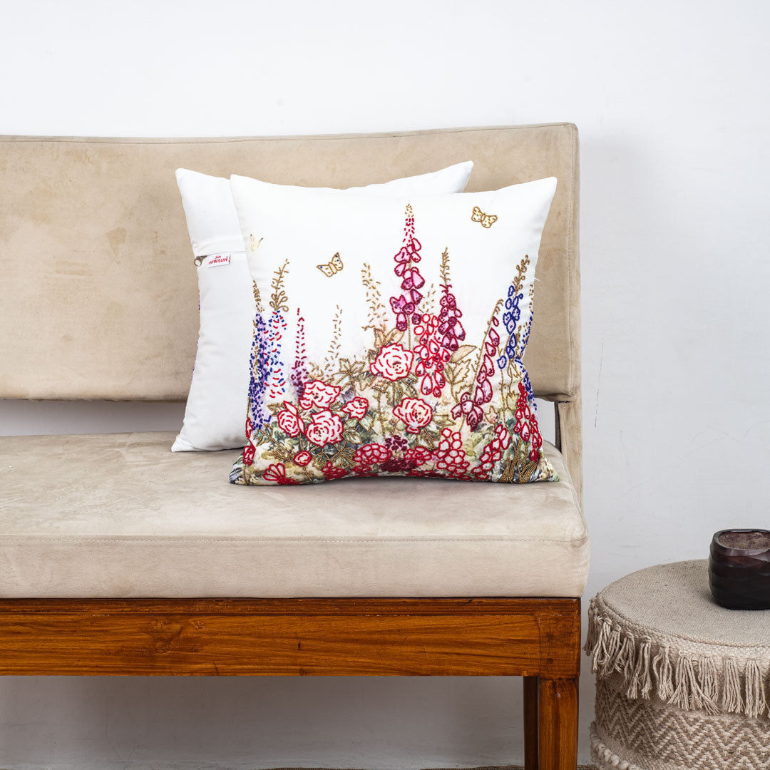Multi Floral Butterfly Printed Velvet Cushion Cover 16x16 Inch