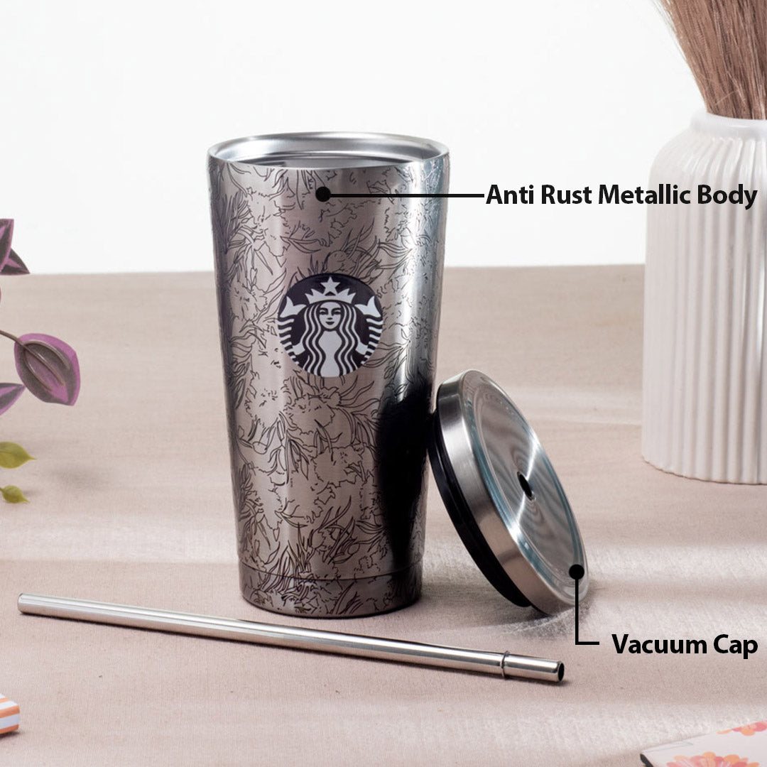 Silver Starbucks Vacuum Insulated Tumbler - Anti-Rust Metallic Body with Straw (18x10 cm)