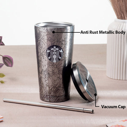 Silver Starbucks Vacuum Insulated Tumbler - Anti-Rust Metallic Body with Straw (18x10 cm)