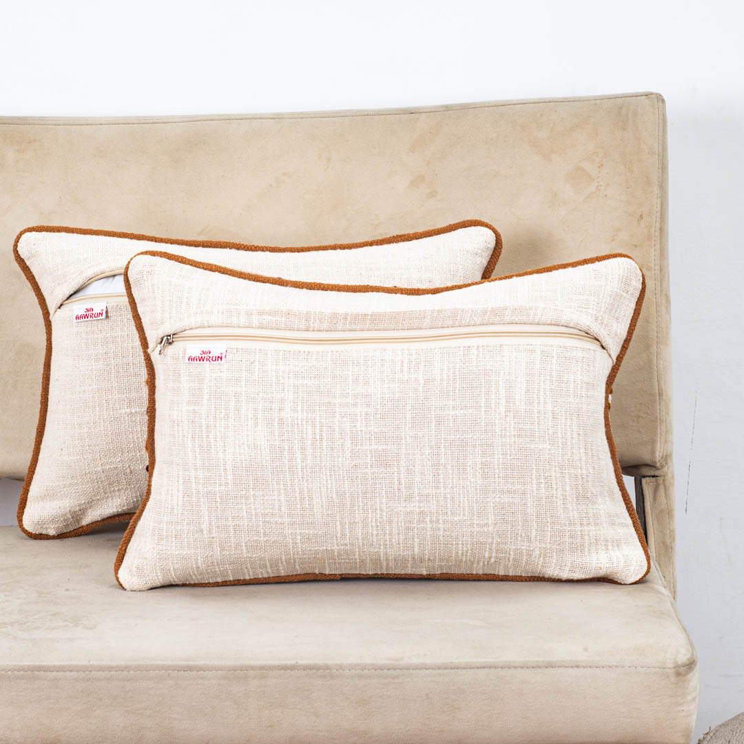 Beige Brown Hanging Oval Drop Embroidered Slub Cotton Cushion Cover 12x18 &amp; 16x16 Inch