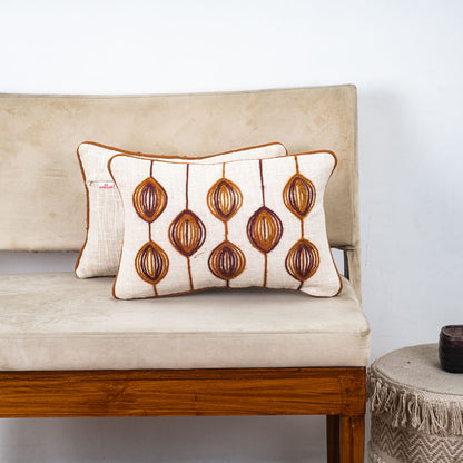 Beige Brown Hanging Oval Drop Embroidered Slub Cotton Cushion Cover 12x18 &amp; 16x16 Inch