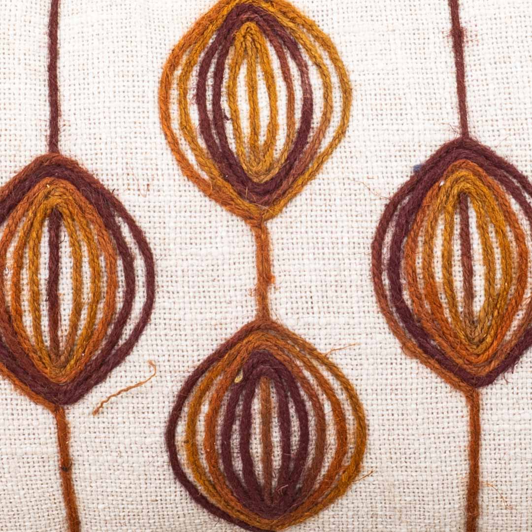 Beige Brown Hanging Oval Drop Embroidered Slub Cotton Cushion Cover 12x18 &amp; 16x16 Inch
