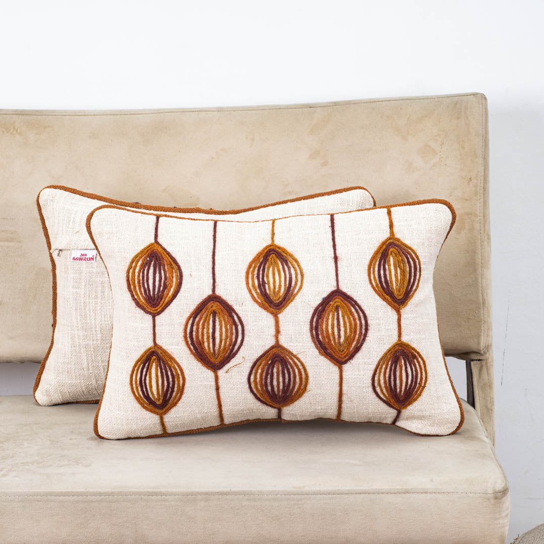 Beige Brown Hanging Oval Drop Embroidered Slub Cotton Cushion Cover 12x18 &amp; 16x16 Inch