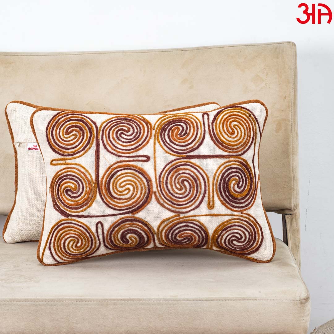 Beige Brown Spiral Embroidered Jute Cushion Cover 12x18 &amp; 16x16 Inch