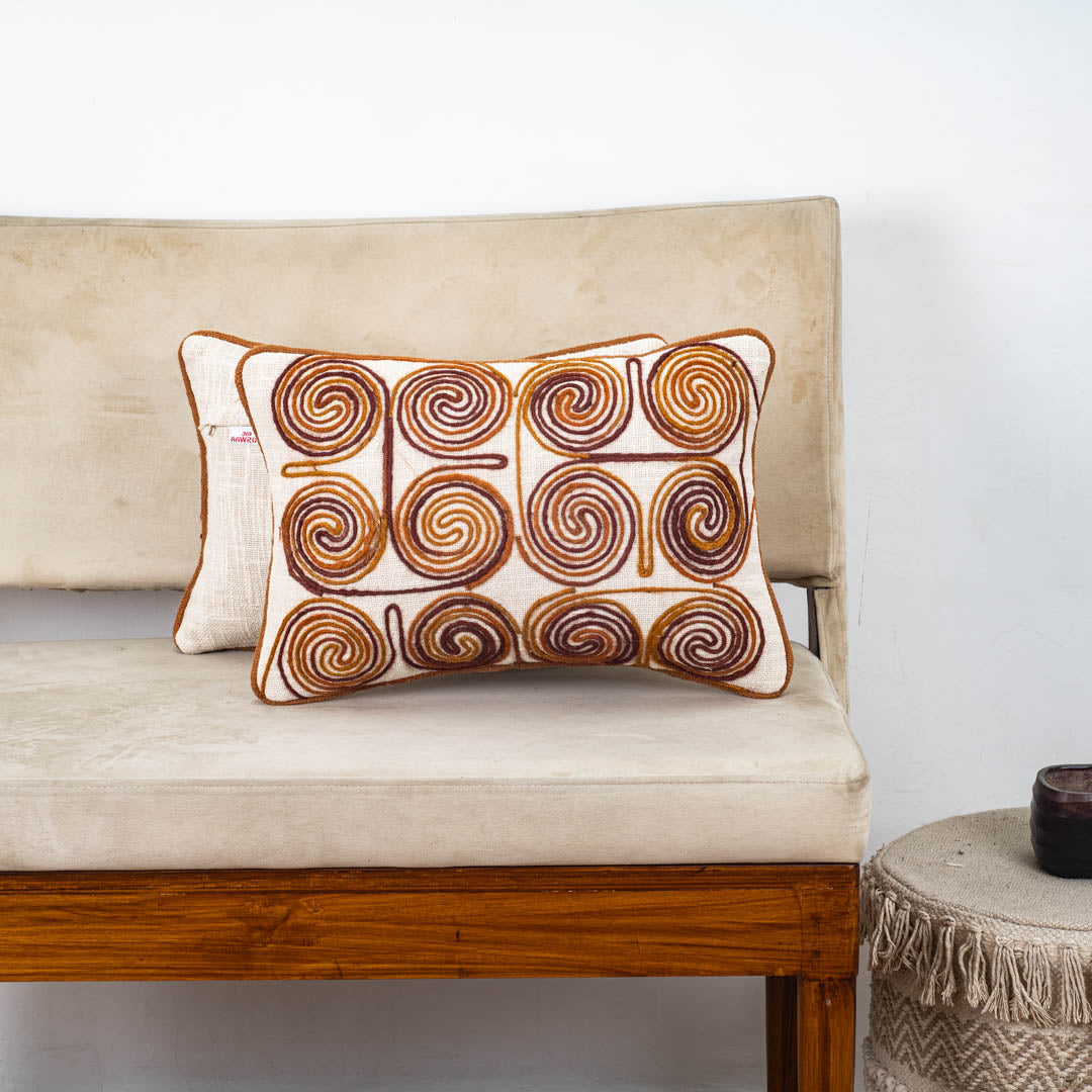 Beige Brown Spiral Embroidered Jute Cushion Cover 12x18 &amp; 16x16 Inch