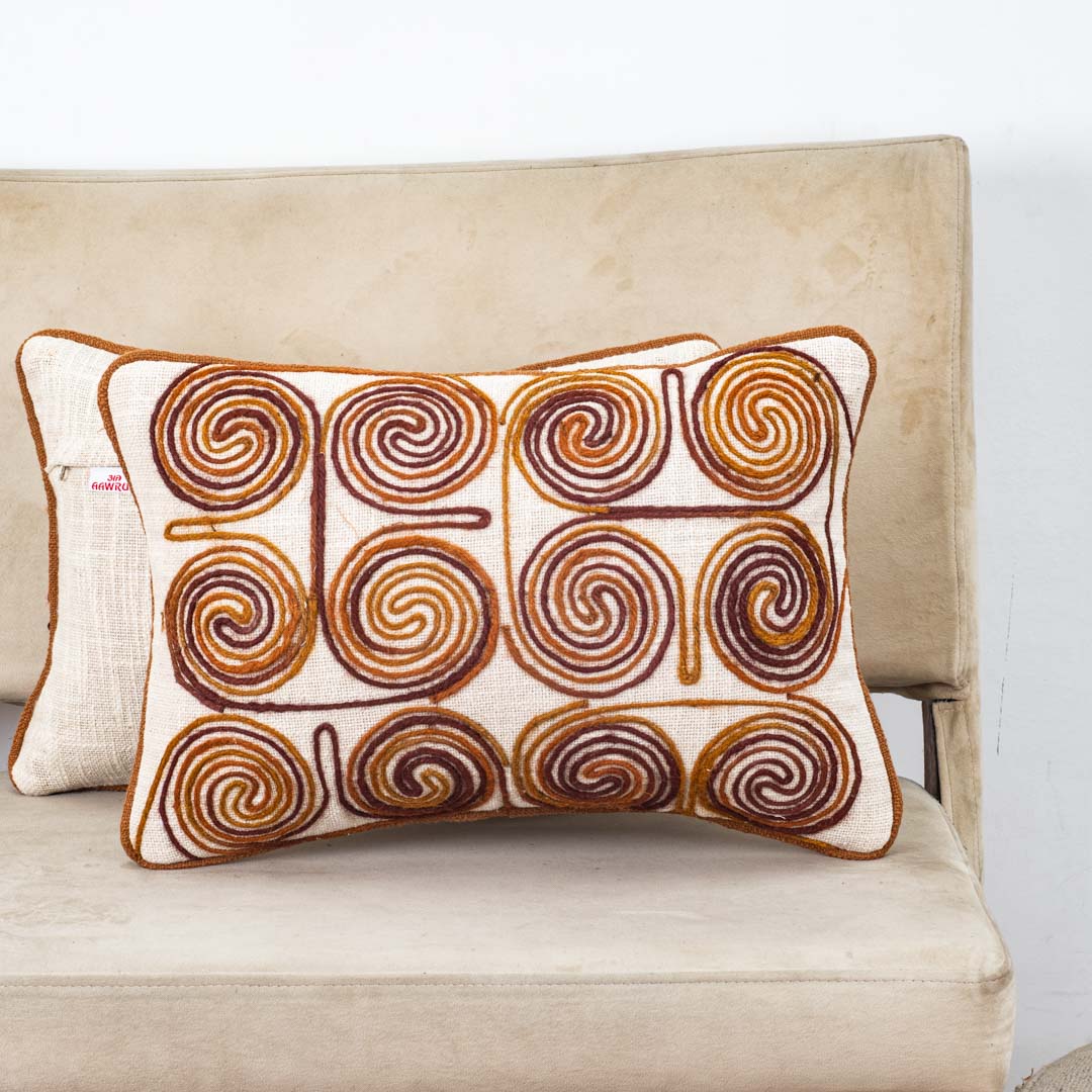 Beige Brown Spiral Embroidered Jute Cushion Cover 12x18 &amp; 16x16 Inch