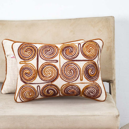 Beige Brown Spiral Embroidered Jute Cushion Cover 12x18 &amp; 16x16 Inch
