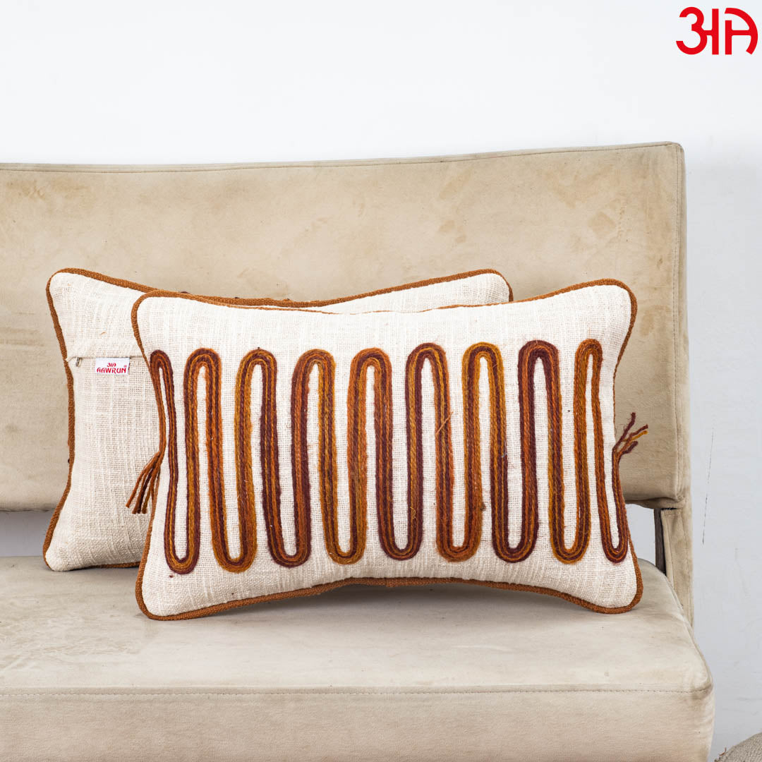 Beige Brown Arch Stripe Embroidered Slub Cotton Cushion Cover 12x18 &amp; 16x16 Inch