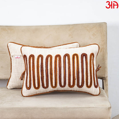 Beige Brown Arch Stripe Embroidered Slub Cotton Cushion Cover 12x18 &amp; 16x16 Inch