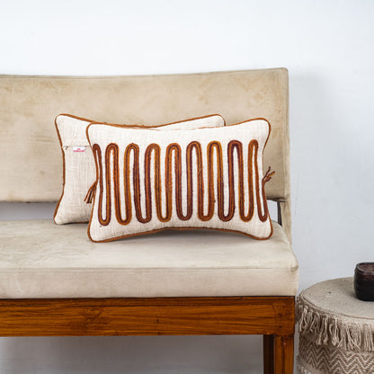 Beige Brown Arch Stripe Embroidered Slub Cotton Cushion Cover 12x18 &amp; 16x16 Inch