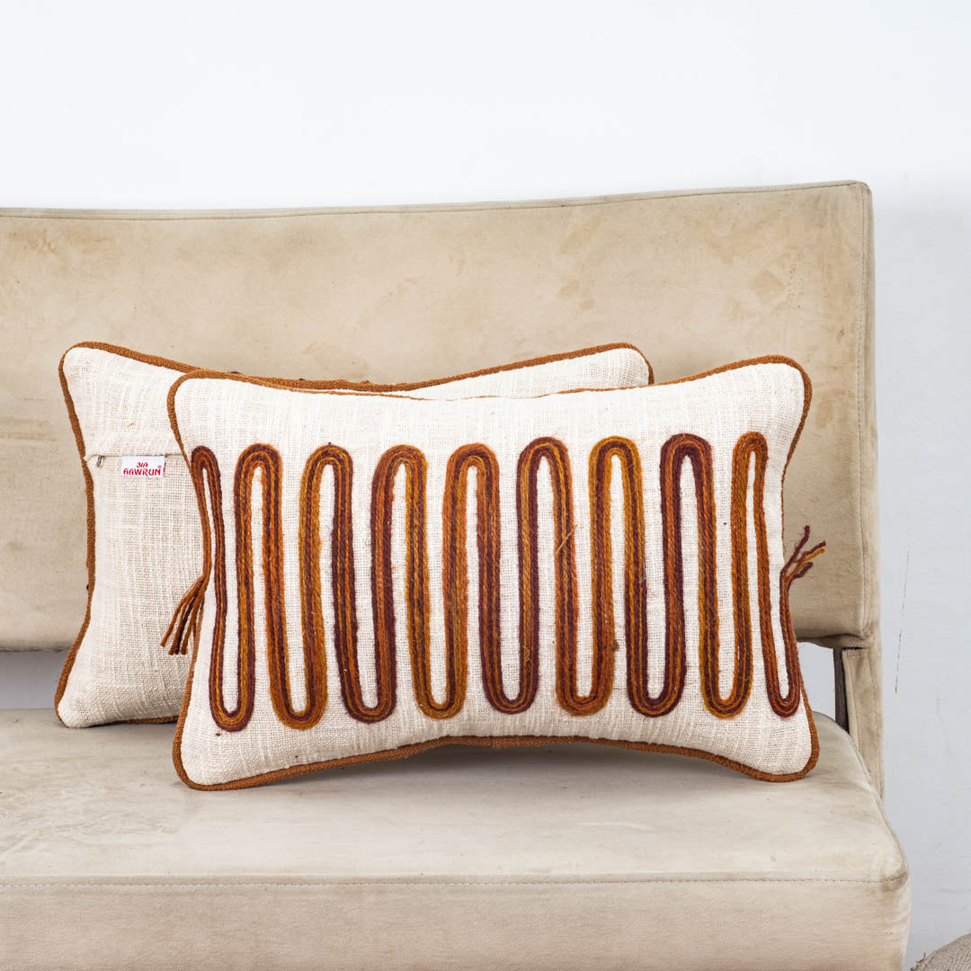 Beige Brown Arch Stripe Embroidered Slub Cotton Cushion Cover 12x18 &amp; 16x16 Inch