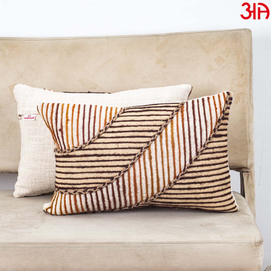 Beige Gold Stripe Leaf Printed Slub Cotton Cushion Cover 12x18 &amp; 16x16 Inch
