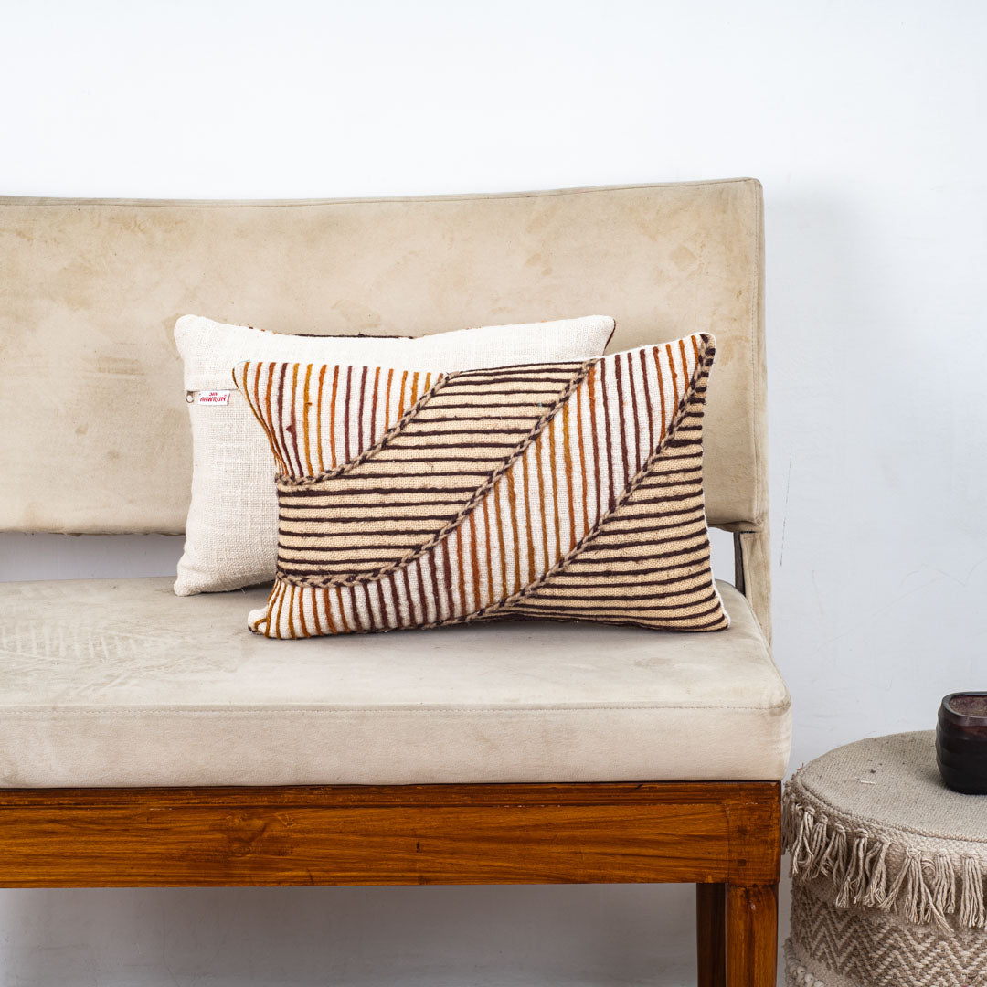 Beige Gold Stripe Leaf Printed Slub Cotton Cushion Cover 12x18 &amp; 16x16 Inch