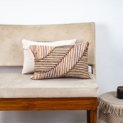 Beige Gold Stripe Leaf Printed Slub Cotton Cushion Cover 12x18 &amp; 16x16 Inch