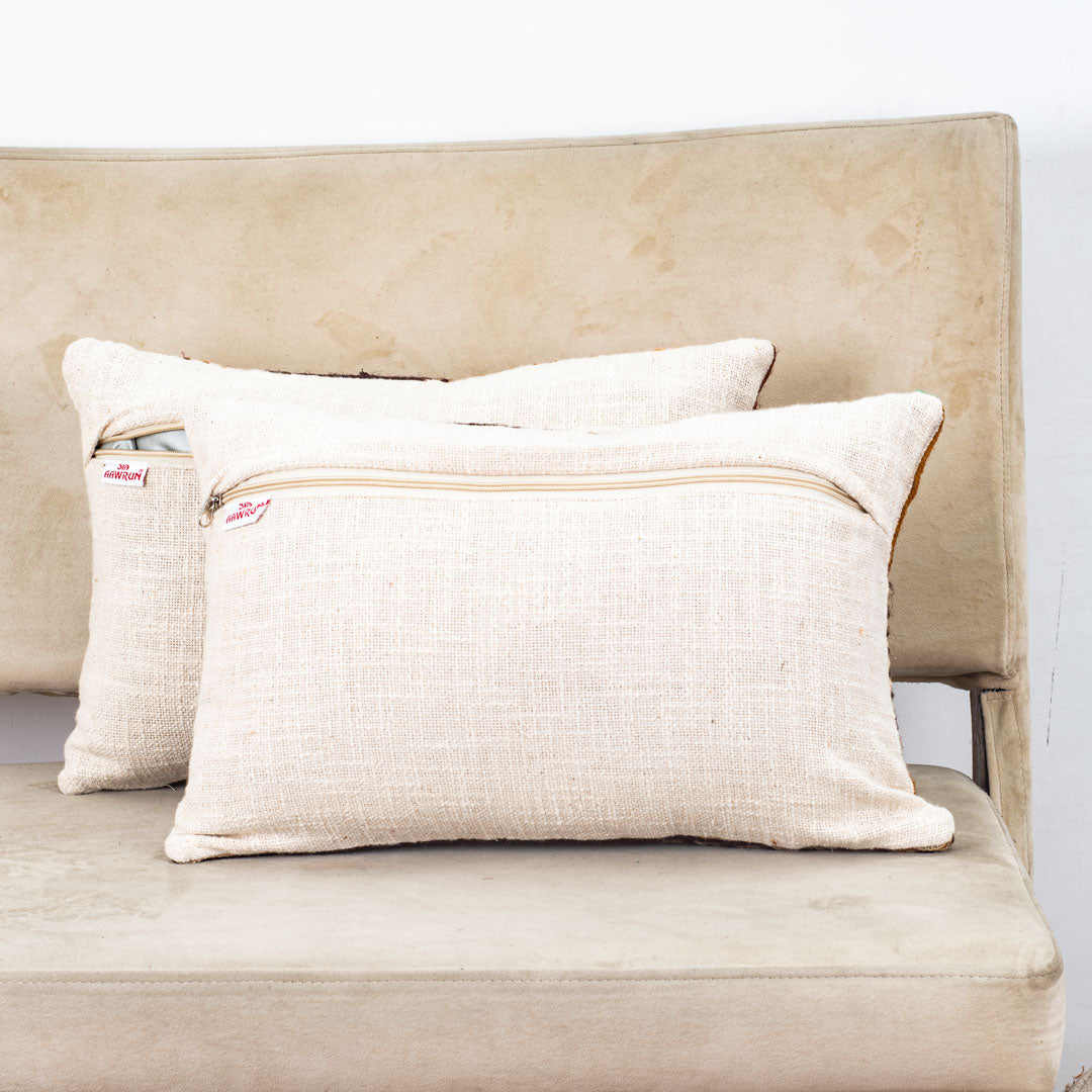 Beige Gold Stripe Leaf Printed Slub Cotton Cushion Cover 12x18 &amp; 16x16 Inch
