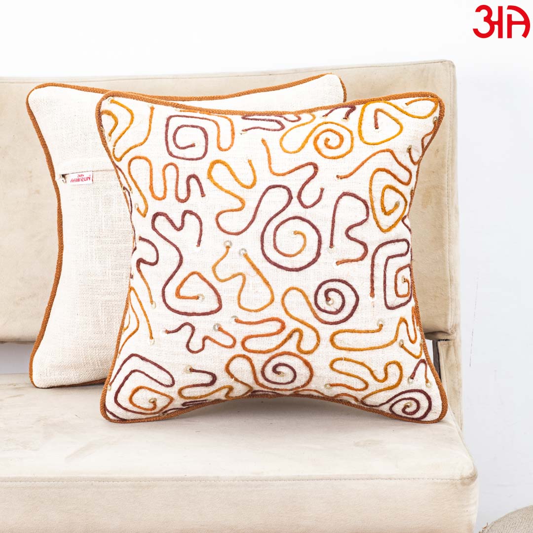 Beige Brown Abstract Embroidered Slub Cotton Cushion Cover 12x18 &amp; 16x16 Inch
