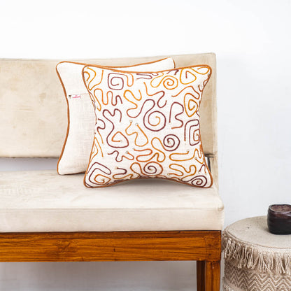 Beige Brown Abstract Embroidered Slub Cotton Cushion Cover 12x18 &amp; 16x16 Inch