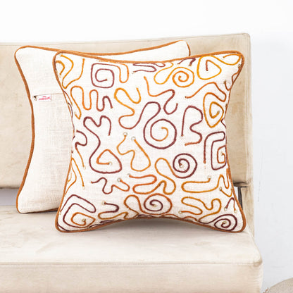 Beige Brown Abstract Embroidered Slub Cotton Cushion Cover 12x18 &amp; 16x16 Inch