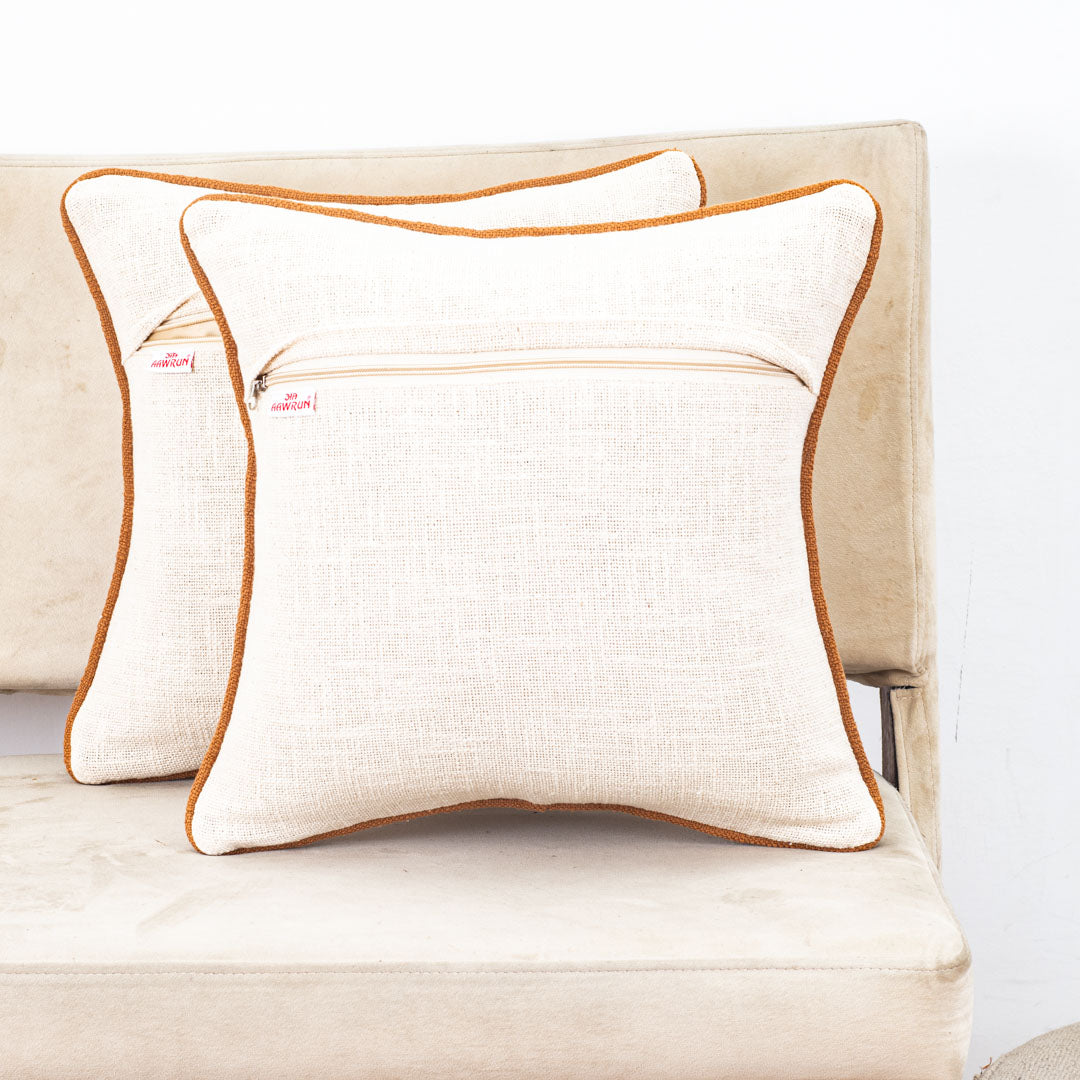 Beige Brown Abstract Embroidered Slub Cotton Cushion Cover 12x18 &amp; 16x16 Inch