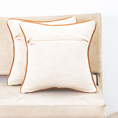 Beige Brown Abstract Embroidered Slub Cotton Cushion Cover 12x18 &amp; 16x16 Inch