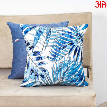 White Blue Tropical Leaf Sequin Embroidered Velvet Cushion Cover 16x16 Inch