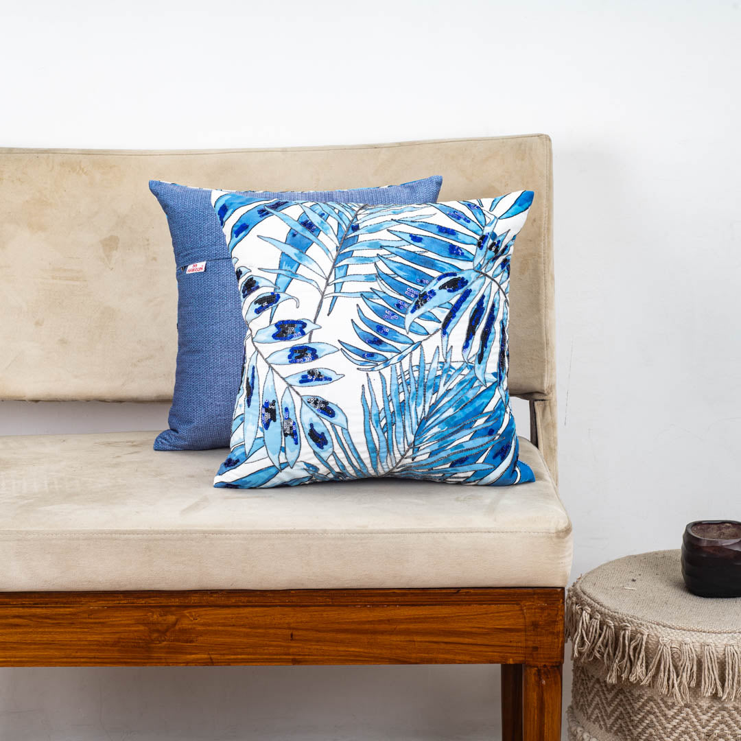 White Blue Tropical Leaf Sequin Embroidered Velvet Cushion Cover 16x16 Inch