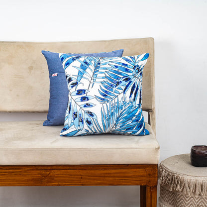 White Blue Tropical Leaf Sequin Embroidered Velvet Cushion Cover 16x16 Inch