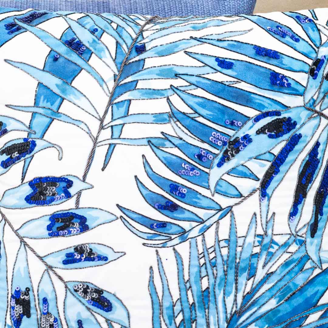 White Blue Tropical Leaf Sequin Embroidered Velvet Cushion Cover 16x16 Inch