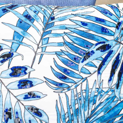 White Blue Tropical Leaf Sequin Embroidered Velvet Cushion Cover 16x16 Inch