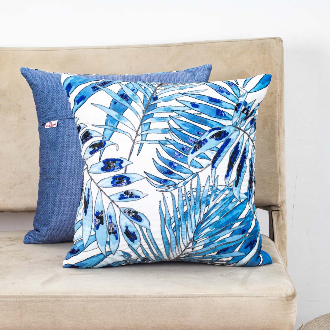 White Blue Tropical Leaf Sequin Embroidered Velvet Cushion Cover 16x16 Inch