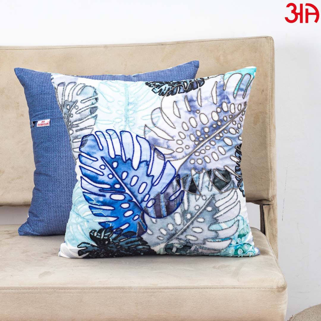 Mint Blue Tropical Leaf Embroidered Velvet Cushion Cover 16x16 Inch