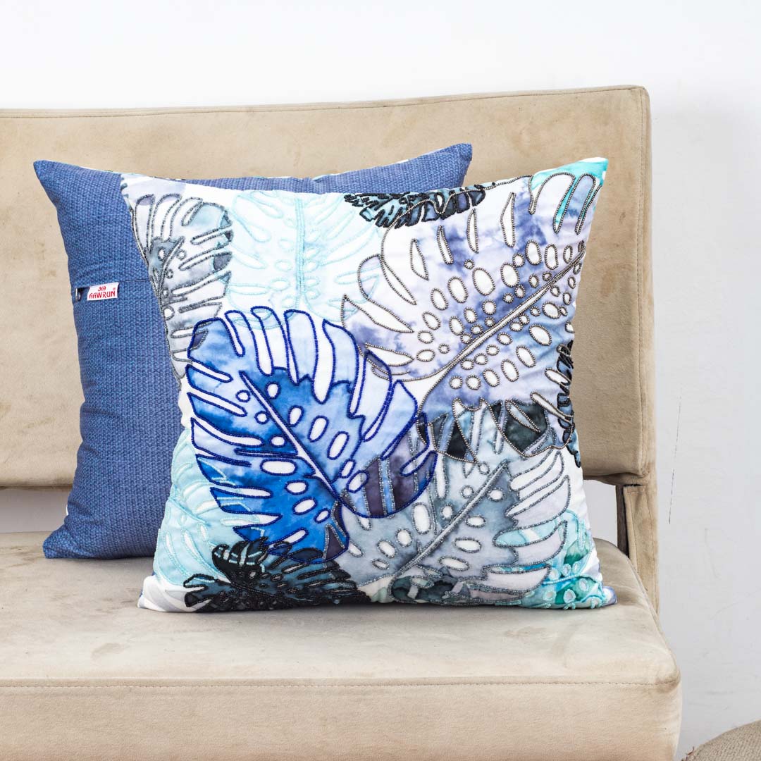 Mint Blue Tropical Leaf Embroidered Velvet Cushion Cover 16x16 Inch