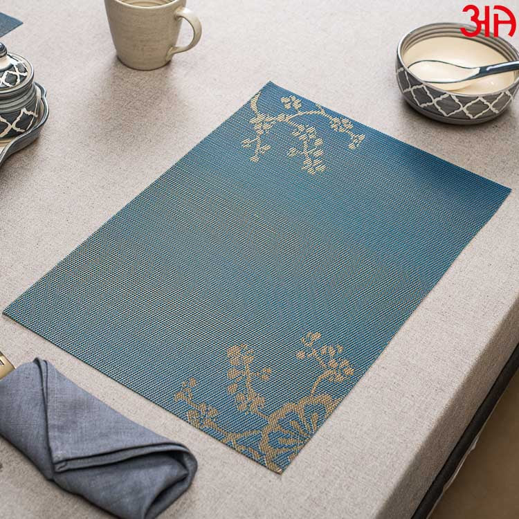 Blue With Foil Print Pvc Table Mat (2 Pcs Set) (12x18) Inch