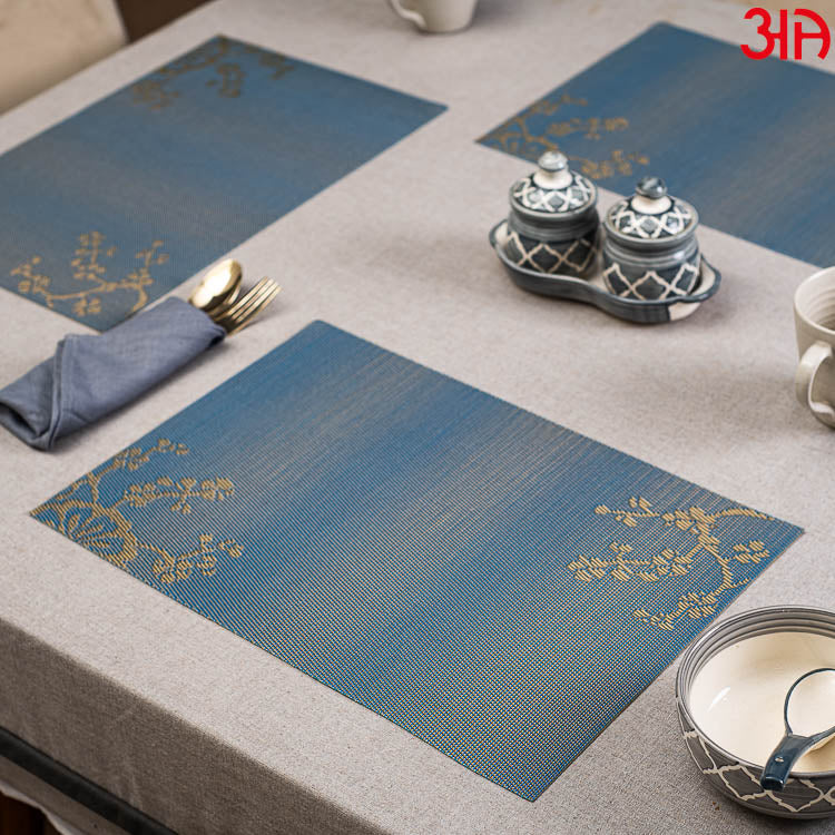 Blue With Foil Print Pvc Table Mat (2 Pcs Set) (12x18) Inch