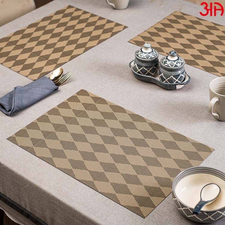 Beige And Brown Diamond Design Pvc Table Mat (2 Pcs Set) (12x18) Inch