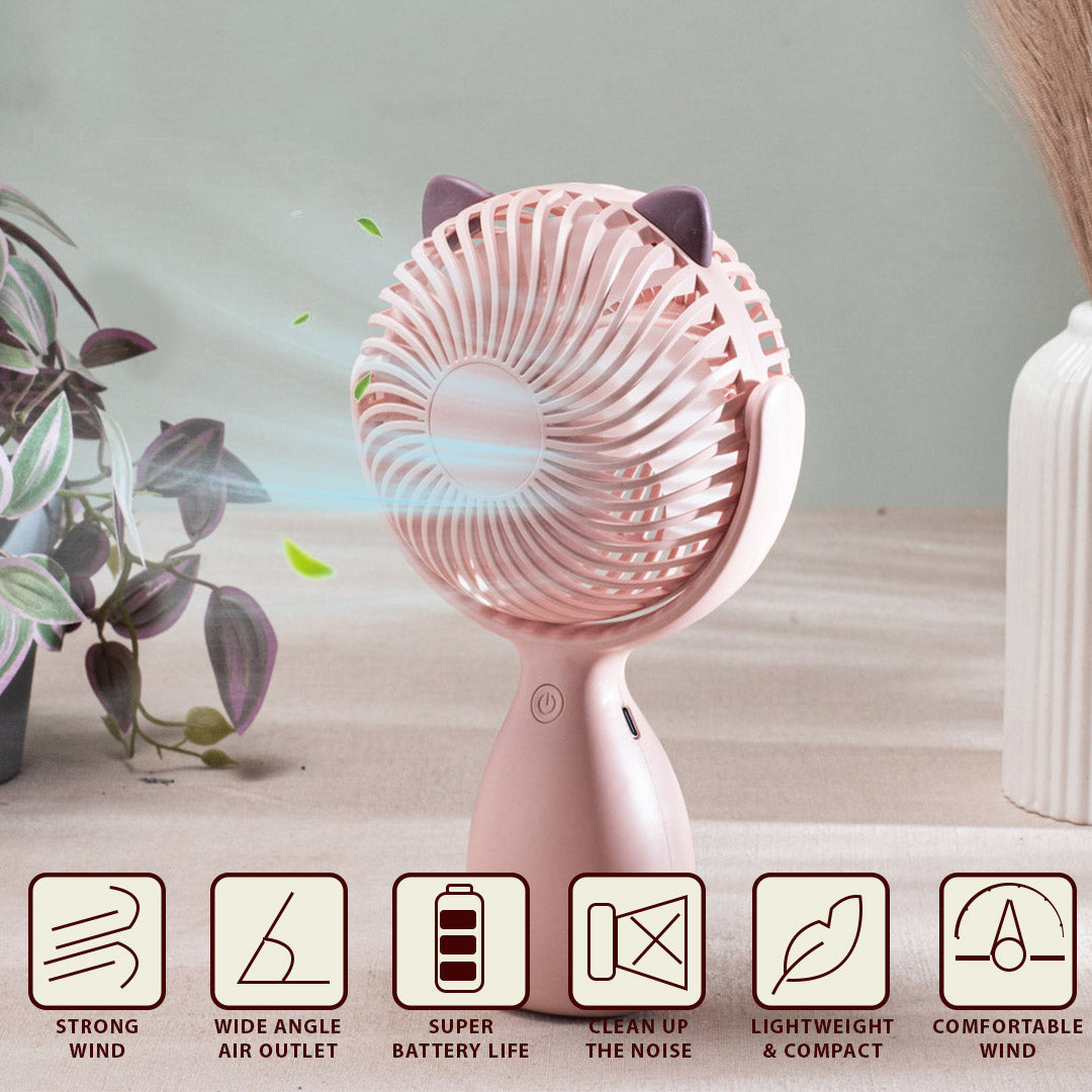 Cute Cat-Ear Portable Table Fan – 13 x 22 x 5 CM-Pink Plastic Body