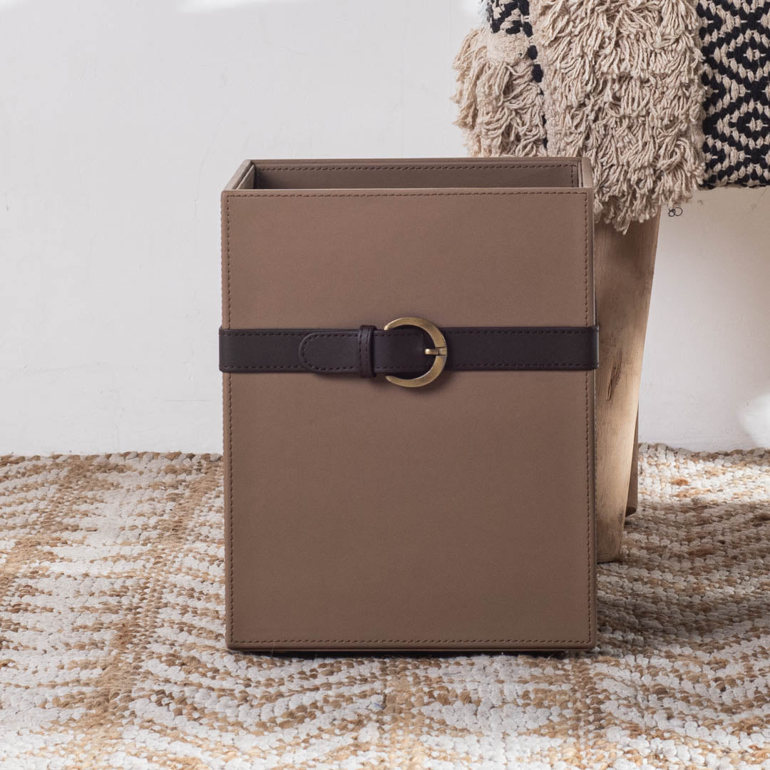 Brown Buckle Design Leather Dustbin (21x21x26) CM