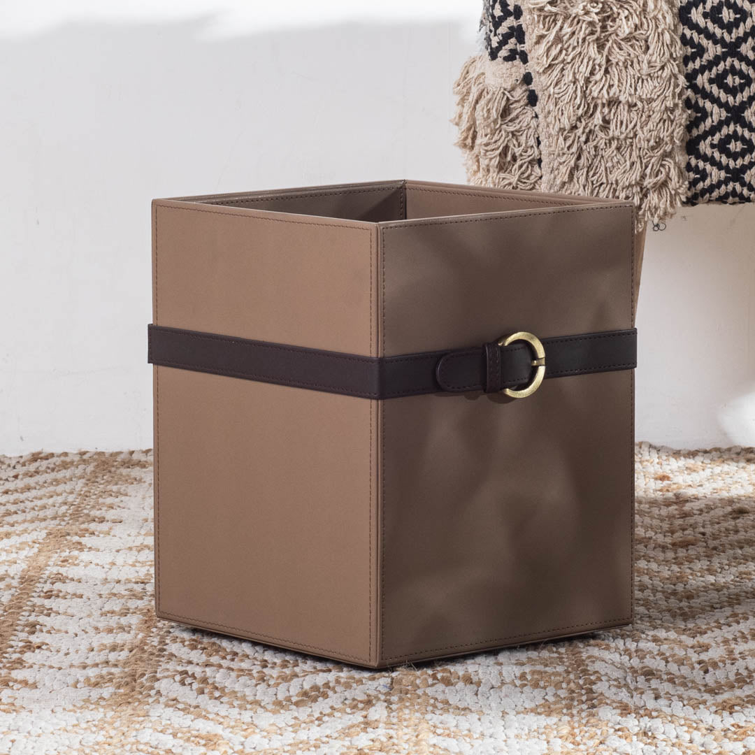 Brown Buckle Design Leather Dustbin (21x21x26) CM