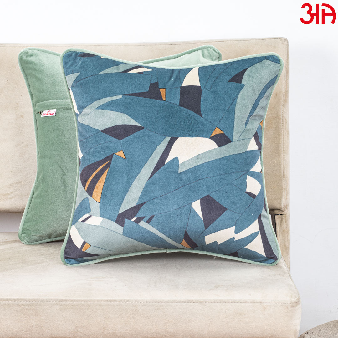 Contemporary Teal Leaf Velvet Cushion Cover – 16x16 Inch-DGN-31