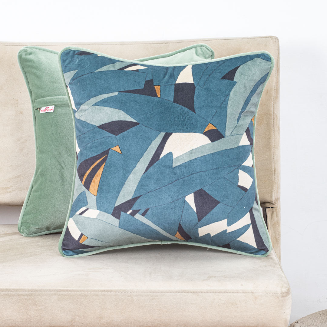 Contemporary Teal Leaf Velvet Cushion Cover – 16x16 Inch-DGN-31