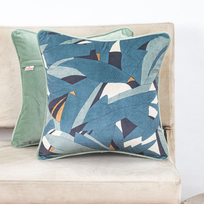 Contemporary Teal Leaf Velvet Cushion Cover – 16x16 Inch-DGN-31