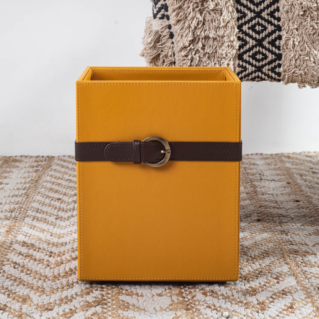 Yellow Brown Buckle Design Leather Dustbin (21x21x26) CM