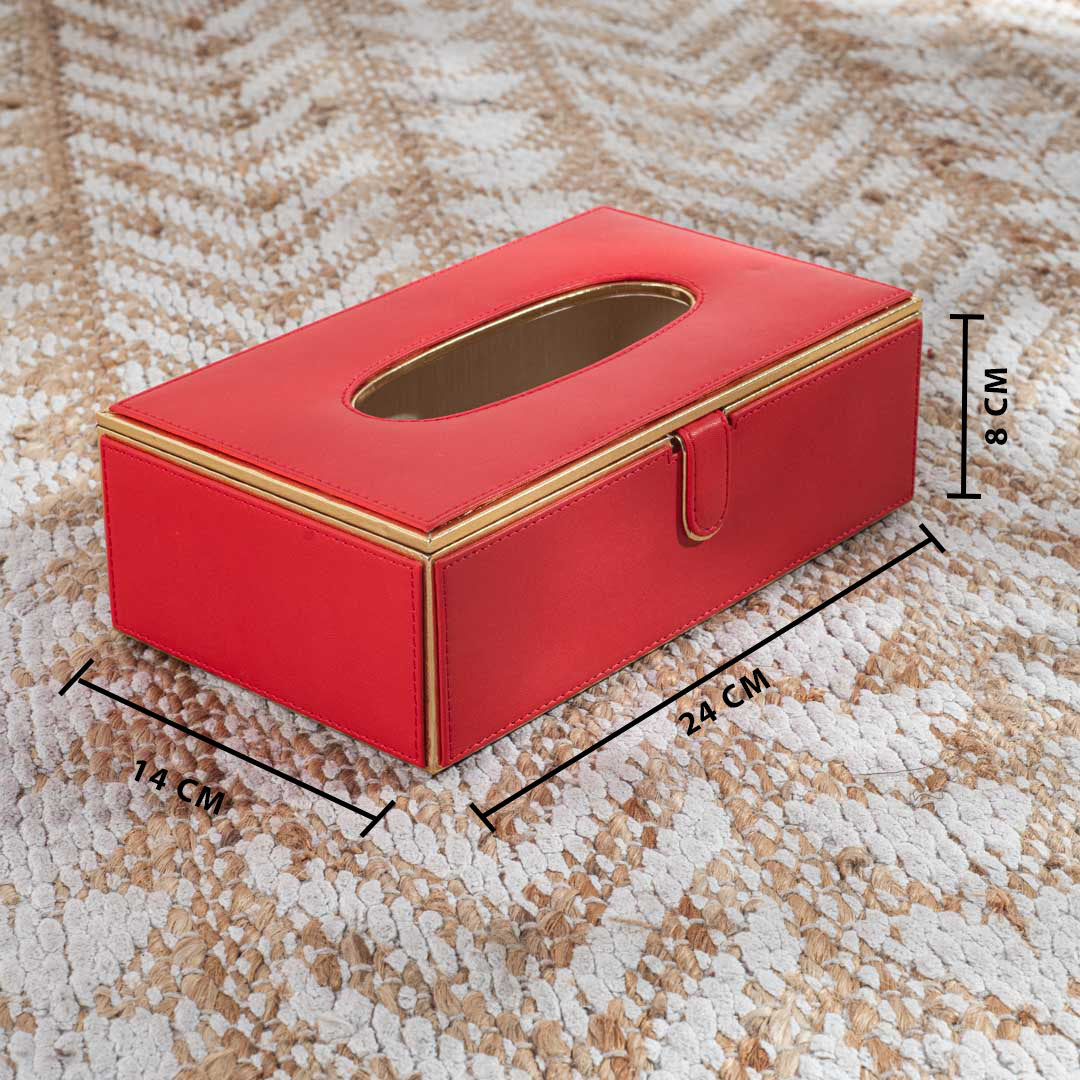 Red Gold trim Vegan Leather Tissue Box Cover 14x24x8 cm