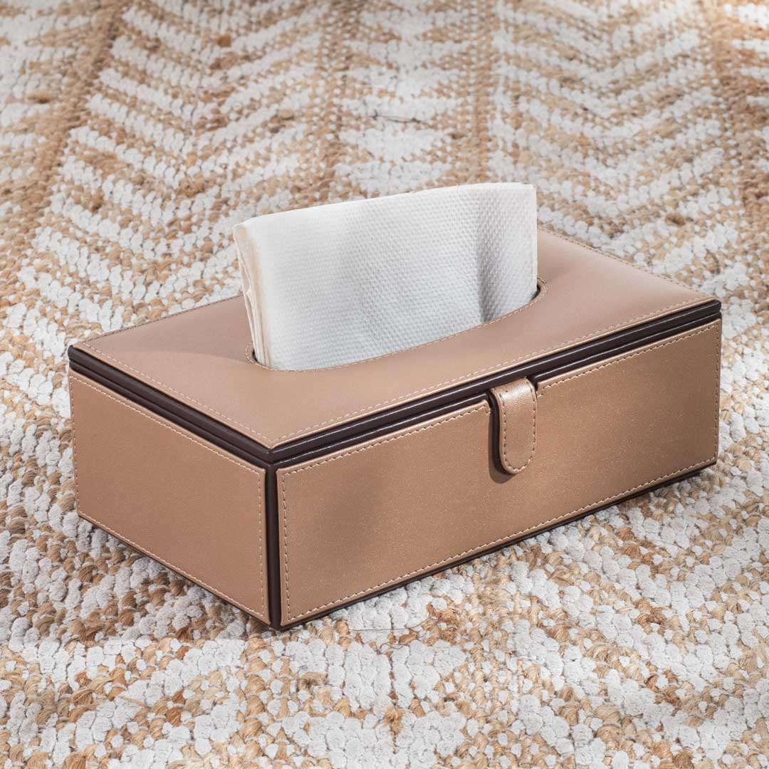 Beige Brown Dark Trim Vegan Leather Tissue Box Cover 14x24x8 cm