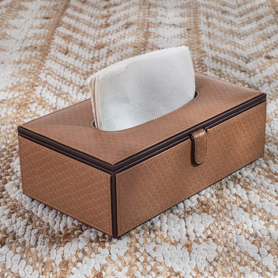 Tan Brown Croco Textured Vegan Leather Tissue Box Cover 14x24x8 cm